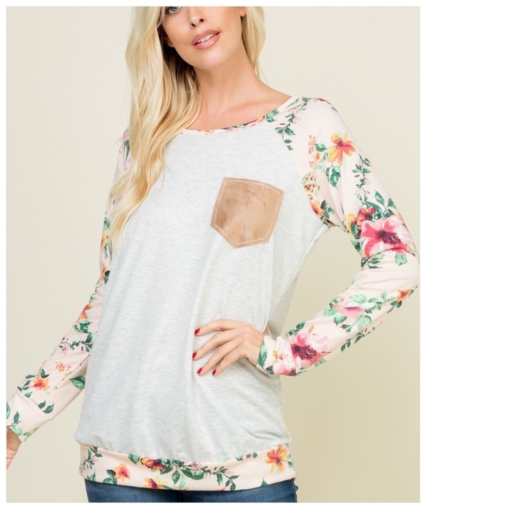 Plus French Terry Floral Print Suede Pocket Top! - Picture 11 of 15